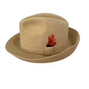 Vintage 1980s cream fedora, wool felt hat with feather detail